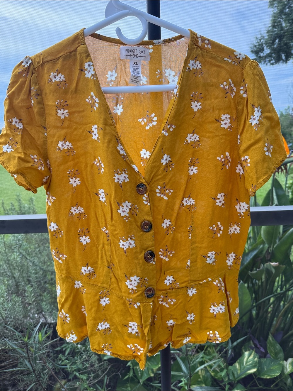 Mindful Soul Mustard Floral Button-Front Peplum Blouse - XL